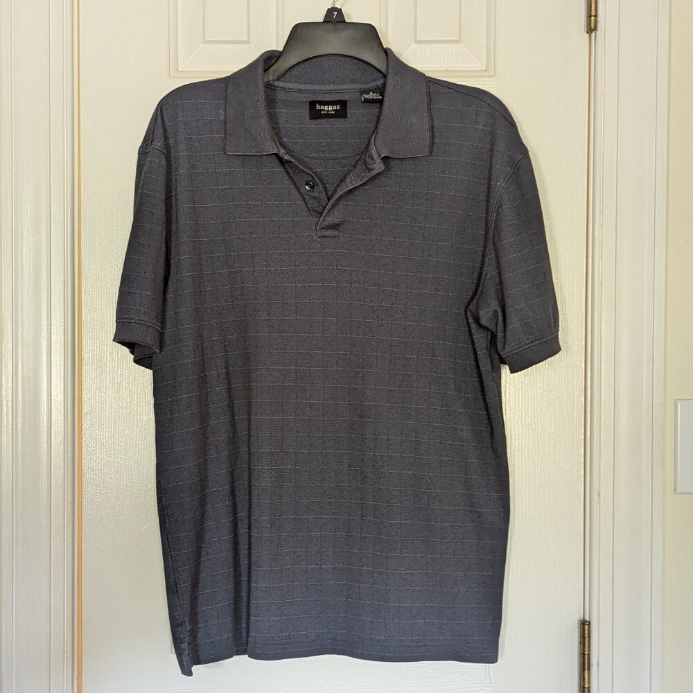 Haggar Men Shirt Short-sleeve Knit Button Neck Pullover Blue Pattern, Size S